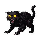 Black cat with bristly fur, bared fangs, and wide, glowing yellow eyes, tensed and agitated.