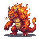 A fiery monster with jagged horns and a snarling mouth, its body a mix of reds, oranges, and glowing embers, with flames erupting from its back and head.