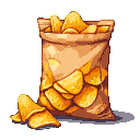 A bag of golden potato chips spilling onto a dark surface, with chips scattered around and peeking from the top.