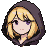 Pixel art portrait of a young girl with blonde hair under a dark hood, her large purple eyes looking to the side.
