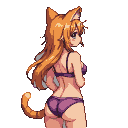 Pixel art catgirl in a purple bikini, seen from the back, with long auburn hair and an orange tail, looking down shyly.