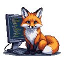 A fox with bright green eyes sits beside a computer monitor showing code.