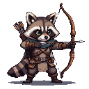 Anthropomorphic raccoon archer with green eyes, wearing light leather armor and a teal cape, bow drawn with arrow nocked. A quiver of arrows is on its back.