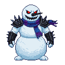 Menacing snowman boss with glowing red eyes, a toothy grin, purple and blue scarf, and spiky dark armor.