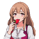 Young anime girl with light brown hair and pink eyes, wearing a white shirt and dark pink pinafore, brings a red strawberry to her lips.