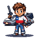 Young man in a Chilean flag shirt and patched jeans holds a futuristic weapon, with a DeLorean in the background.