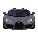 Dark gray Bugatti Chiron, front view, illuminated headlights and horseshoe grille.