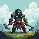 Green-skinned orc warrior with two axes, muscular, wearing rugged armor and tattered loincloth, intense gaze, on a somber battlefield.