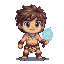 Chibi cave boy hunter with pale skin, wearing a leopard print loincloth and crocodile tooth necklace, holding a glowing light blue crystal.
