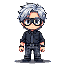Pixel Art: Make a anime style Pixel character grey hair, black shirt, tie, checkered pants,back goggle,typ Male (generated with AI by Beleth Druid).