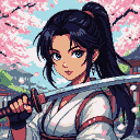 Kunoichi with dark hair, piercing blue eyes, and a subtle smile, holding a katana horizontally and licking the blade. Soft pink cherry blossoms and Japanese architecture in the background.