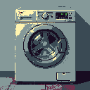Washing machine with metallic drum visible through glass door, control panel above, and crimson splatters on the floor in the foreground.