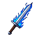 A polished steel sword with blue flames engulfing its blade, and a brown hilt.