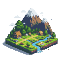 Isometric view of a snow-capped mountain range above a green forest, a village with wooden houses, and a river with a waterfall.