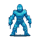 A blue, pixelated water elemental with icy shards and glowing eyes, standing powerfully against a dark background.
