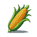 Golden ear of corn with green husks, rendered in pixel art.