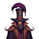 A dark magician with sharp features and piercing blue eyes, wearing ornate golden-patterned robes and a colossal hat adorned with a purple feather and tassels.