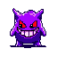 Mischievous purple creature with a wide, toothy grin and piercing red eyes, outlined against a black background.