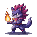 A purple canine warrior with magenta spiky hair holds a vibrant flame in its outstretched left hand, appearing ready for battle.