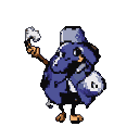 Cloaked figure in a dark blue cloak and grey hat, holding a white feathery object and a sack.
