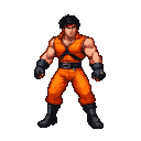 Muscular fighter in an orange jumpsuit and black harness, fists clenched, with dark tousled hair and a stern expression.