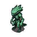 Humanoid alien creature with deep green and purple scales, hunched with long clawed limbs extended. Features a layered crest and small, sharp eyes.