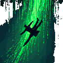 A silhouetted figure falls through a torrent of glowing green digital code.