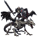 Skeletal rider in dark armor with sword and shield, mounted on a skeletal dragon with red eyes.