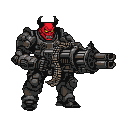 Pixel art devil in dark exoskeleton with red face, furrowed brow, glowing yellow eyes, small horns, wielding a large, multi-barreled machine gun.