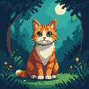 A ginger and white cat with green eyes sits in a moonlit forest with orange flowers.