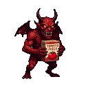 A scaly red demon with glowing yellow eyes and sharp fangs hunches over a box of tomato juice.