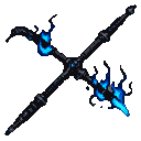 Two crossed skeletal weapons, a scythe and a sword, engulfed in electric blue flames against a black background.