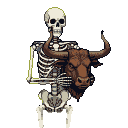 A skeletal figure holds a severed minotaur head.