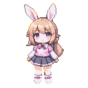 Anime-style bunny girl with light brown hair, large purple eyes, and fluffy pink-lined bunny ears. She wears a pastel pink shirt, grey pleated skirt, white knee-high socks with pink accents, and white shoes.
