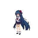 Anime schoolgirl with long navy blue hair and a red ribbon, wearing a white blouse and navy pleated skirt, stands with arms close to her chest.