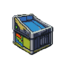 Stylized retro-futuristic arcade cabinet, gray and dark blue, with a multi-colored abstract panel on the left and a bright blue top playfield.