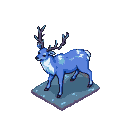 A blue reindeer with intricate antlers stands on icy ground.