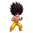 Martial artist in bright yellow pants and wristbands with an enormous, spiky dark brown hairstyle.