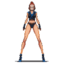 Female fighter with a kitsune mask, wearing a dark, form-fitting outfit, poised in a wide stance.