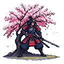 Stoic samurai in dark armor with red accents and sash stands beneath a blooming cherry tree.