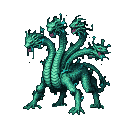 A four-legged hydra with multiple serpentine heads, teal scales, and glowing cyan accents, poised to strike against a black background.
