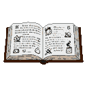 Large open brown book with white pages filled with black text and small illustrations.