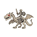 Skeletal rider with sword and shield on a skeletal dragon with glowing red eyes against a black background.