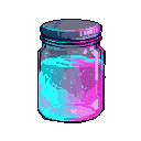 Sealed jar with luminous, translucent gel shifting between cyan and magenta, against a black background.