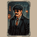 A distinguished gentleman in a dark overcoat, suit, and tie, wearing a flat cap and sunglasses, stands against a dimly lit urban street scene at night.