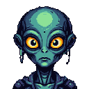 Teal alien with large, luminous orange eyes and smooth, bulbous head.