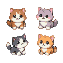 Four pixel art kittens: a brown and white tabby with tongue out, a lavender kitten with rosy cheeks, a grey and white kitten with a tilted head, and an orange tabby looking forward.