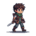 Young adventurer in brown and green attire, holding a sword, with a satchel on their back.
