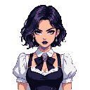 Pixel Art: A young woman, likely in her late teens or early twenties, with a fair complexion, short, dark hair styled with a prominent purple streak, and freckles, is depicted in an animated style. She has striking yellow eyes and dark purple lipstick. She wears a white blouse with puff sleeves and a black dress-like top with suspenders and a large black bow at the neckline. A silver bracelet with a blue jewel is on her right wrist. The woman's expression is stern and intense, with a slight frown and narrowed eyes, conveying a sense of anger. She is positioned slightly off-center to the left, and is facing forward with a slightly upward gaze. The background features wallpaper with a repeating floral pattern and a wall-mounted lamp to the upper right. The lighting is bright and focused, with a clean and polished art style. The overall atmosphere feels slightly dramatic. (generated with AI by Zurum).