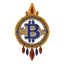 Bitcoin logo within a circular frame resembling a dreamcatcher, adorned with gold detailing, a flame motif, and dangling teardrop shapes.